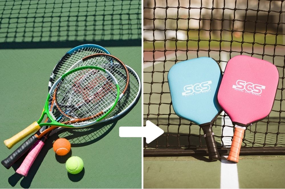 An image showing tennis rackets on one side and pickleball paddles on the other side, showing the tennis to pickleball transition.