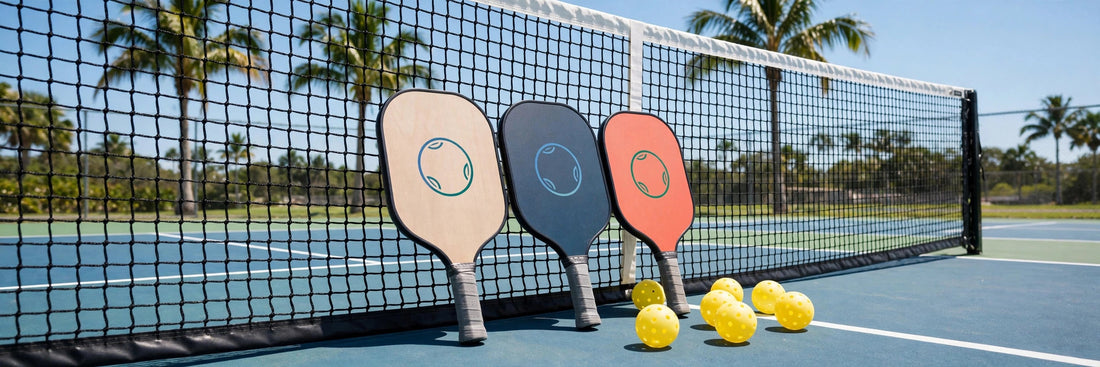 Custom pickleball paddles printed with a club logo next to stock Salted City Sports paddles