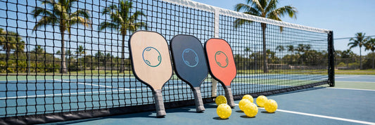 Custom pickleball paddles printed with a club logo next to stock Salted City Sports paddles