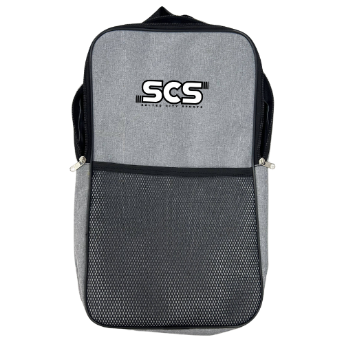 Gray pickleball carrying case with 'SCS' logo on a white background