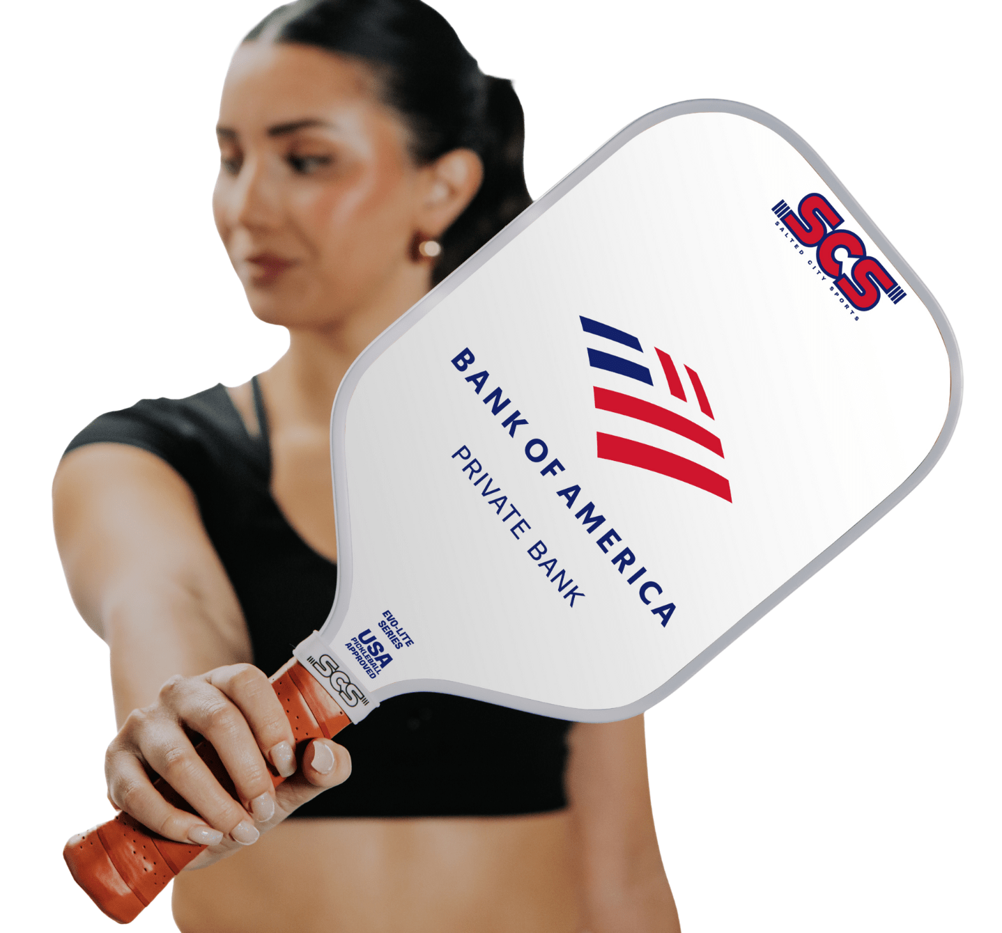 Woman holding a custom pickleball paddle with 'Bank of America' branding on a white background